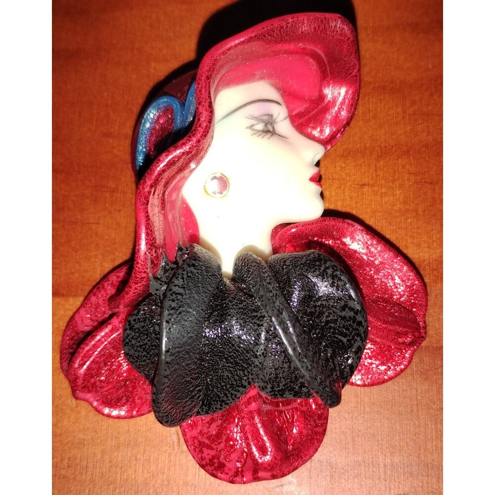 Vintage 3D Lady Face Brooch Red Hat Black Bow Statement Pin